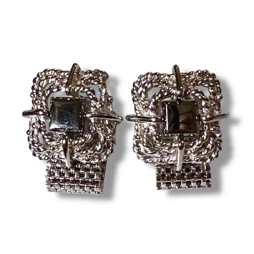Vintage Wraparound Cufflinks Mens Silver Tone Gray Glass Rope Square Bullet Back
